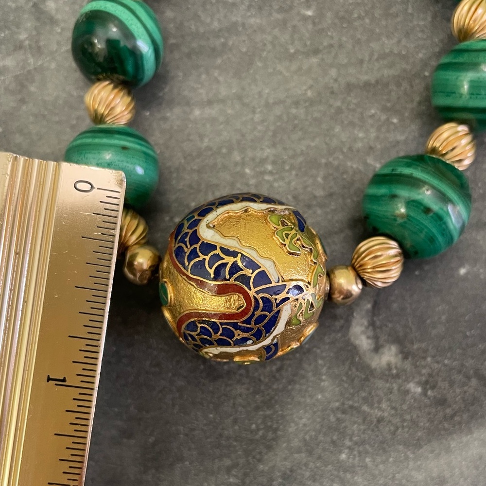 Vintage Malachite Gemstone Cloisonné Dragon Necklace - Picture 7 of 14